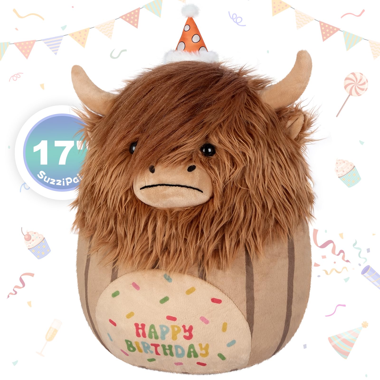 SuzziPals 17 inch Happy Birthday Highland Cow Stuffed Animal Plush Pillows Soft Cow Pillow Cow Plushies Room Decor Cows Plush Toys for Hugging & Squish Highland Cow Gifts Cute Birthday Gifts