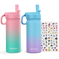 Kids Water Bottle 2-Pack 16oz Kids Water Bottle with Stickers for School insulated Stainless Steel Straw Cup(Pink+Blue)