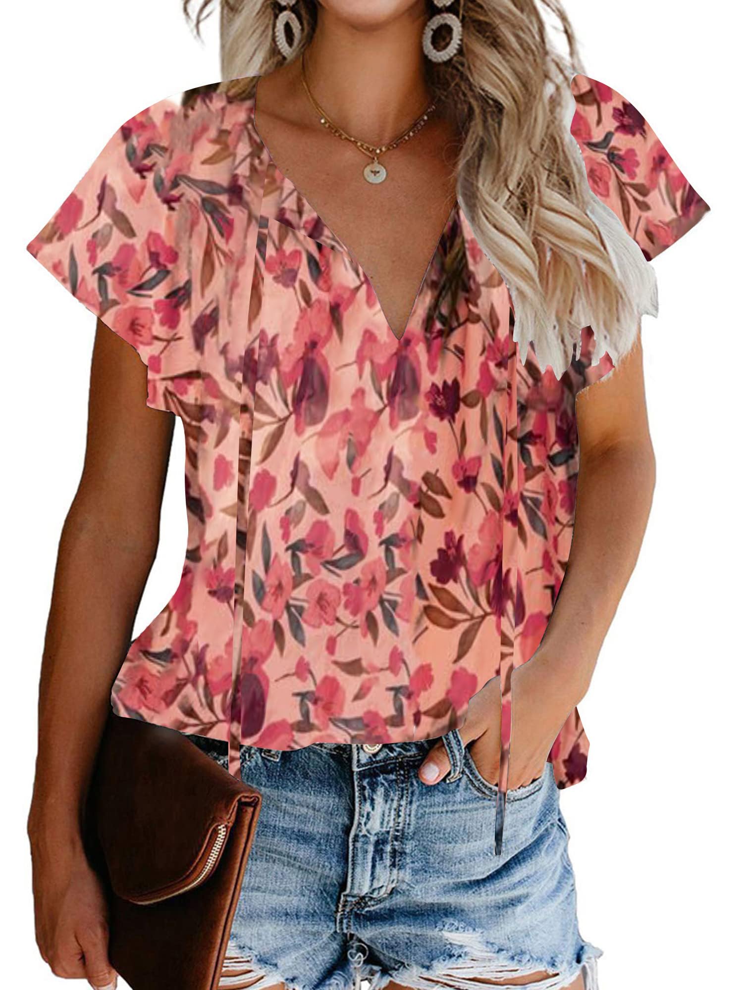 TAKEYAL Womens Summer Boho Tops Floral Printed V Neck Casual Short Sleeve Shirts for Women Casual T Shirt Plus Size Chiffon Blouses (Rose Red M)