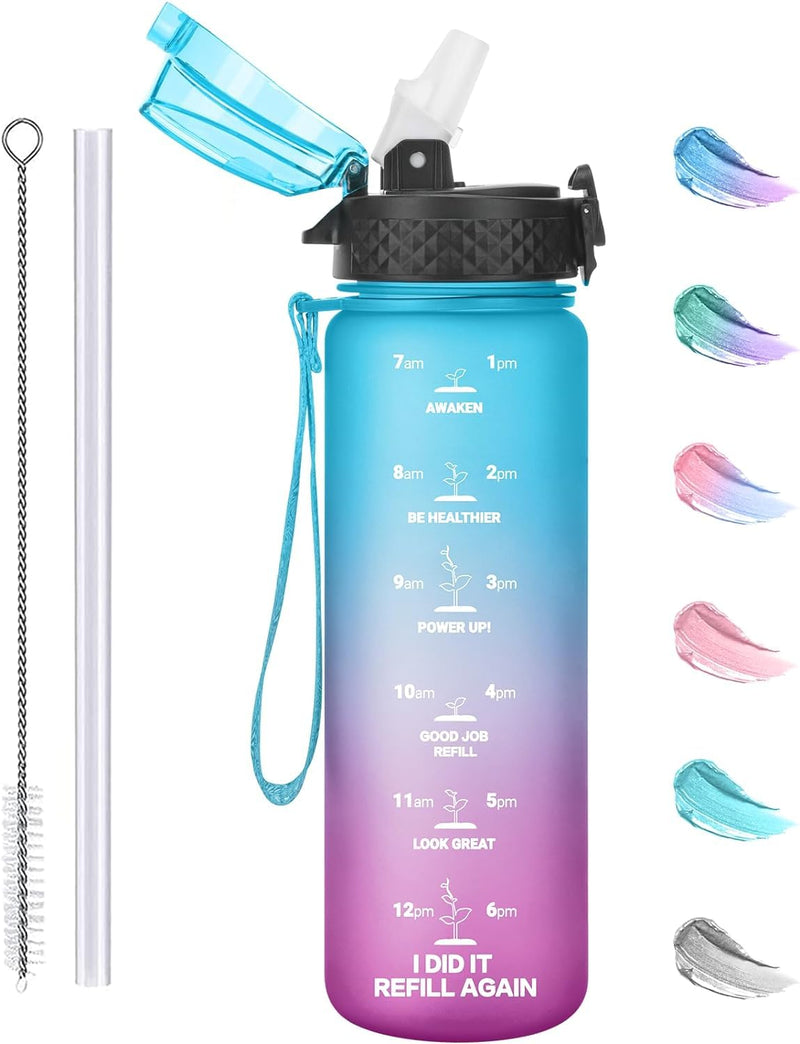 GOPPUS 17 oz Kids Water Bottle with Straw Lid 10pcs Stickers Leak-proof BPA Free Motivational Time Marker Tritan Plastic Water Bottles for Girls Boys School Sports (1Lid Blue Purple)