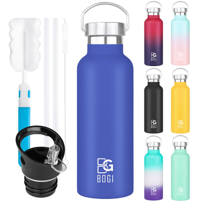 BOGI 20oz Insulated Water Bottle Wide Mouth Stainless Steel Water Bottles Leakproof Metal Water Bottle with Straw and Handle BPA Free Steel Water Bottle for School Fitness Outdoor Sports-Dark blue