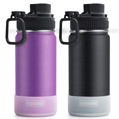 koodee 16 oz Stainless Steel Double Wall Vacuum Insulated Water Bottle with Straw 2 Pack Wide Mouth Sports Water Bottle for School (Purple-Black)